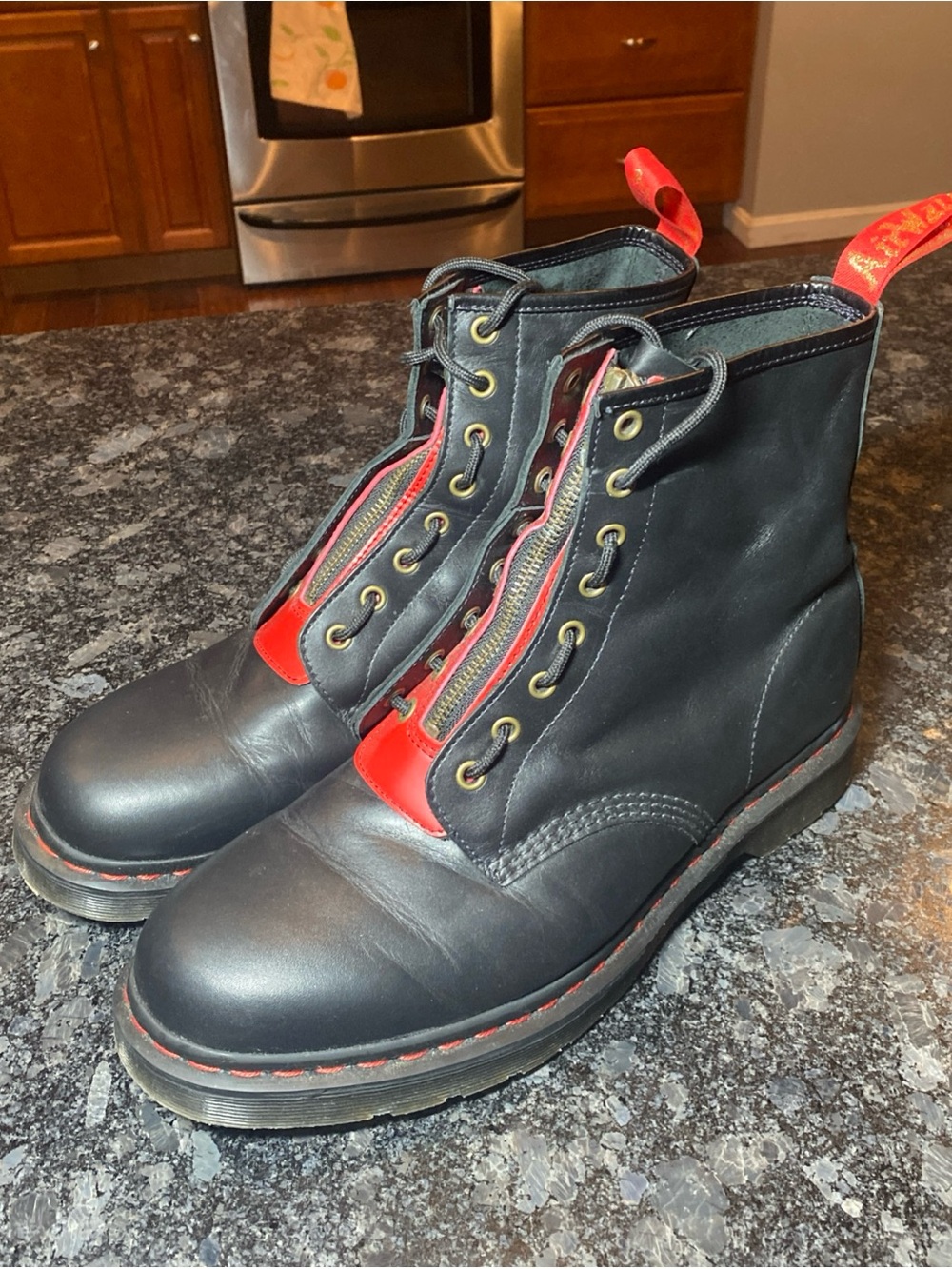 Dr. Martens Black Leather Lace-Up Boots with Red Trim